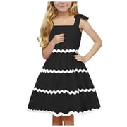 Girls Easter Dress Flutter Sleeve A-Line Button Down Sundress Casual Midi Dresses Kids Black,13-14 Years